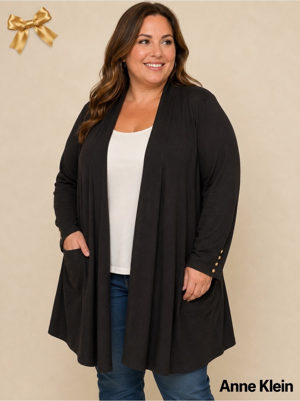 Anne Klein Black Open-Front Cardigan Sweater 3X